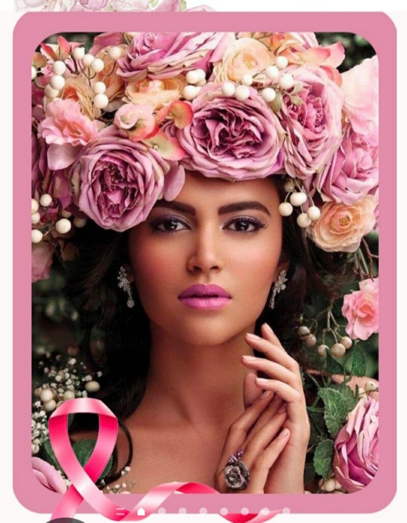Portrait de femme couronnée de roses roses avec un ruban rose, symbole de la lutte contre le cancer du sein à Perpignan