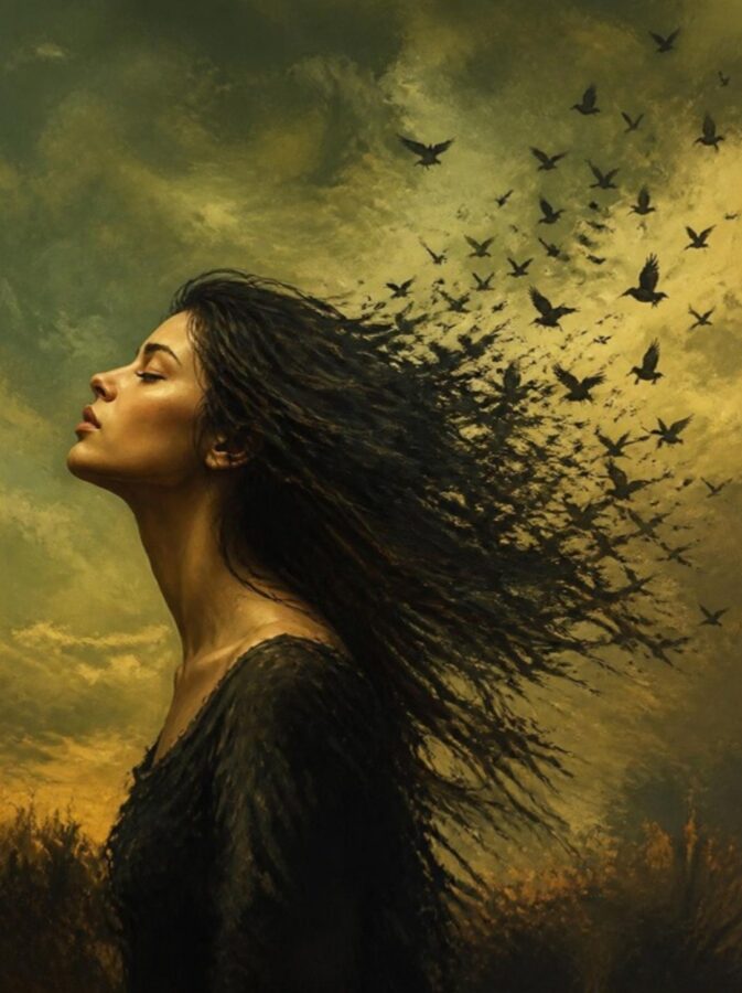 Femme les yeux clos, ses cheveux s’envolant en oiseaux dans un ciel d’orage