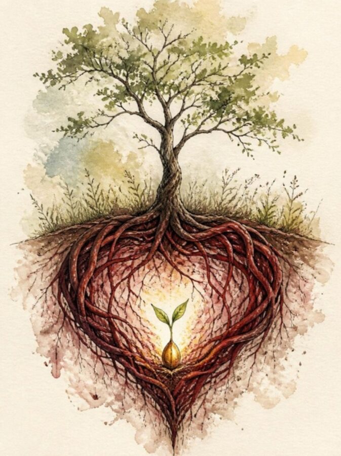 Aquarelle d’un arbre dont les racines forment un cœur autour d’une graine qui germe
