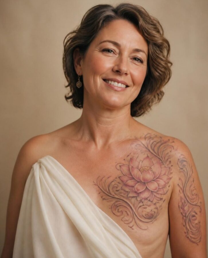 Femme souriante après une mastectomie, la cicatrice recouverte d’un tatouage de fleur de lotus