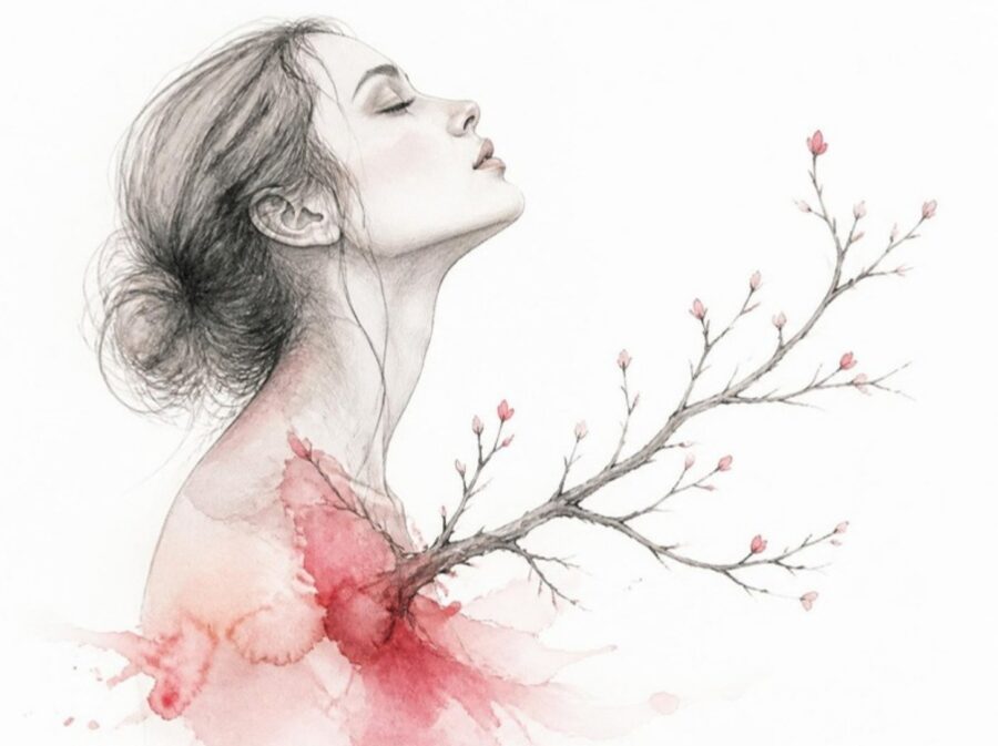 Dessin d’une femme de profil, une branche en bourgeons naissant de son épaule