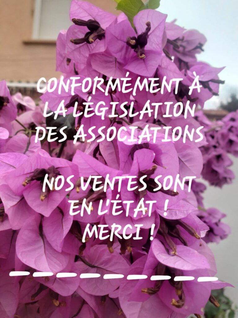 Conformément à la législation des associations, nos ventes sont en l’état ! Merci !